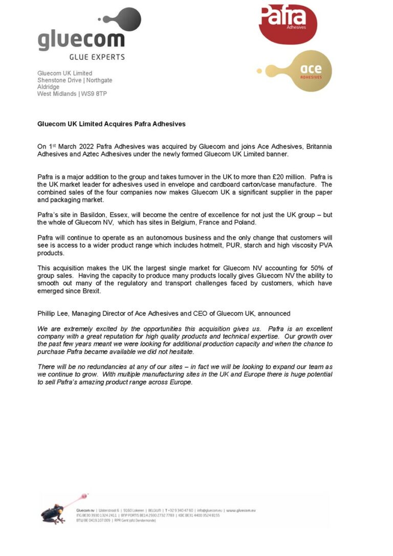 UK Limited Acquires Pafra Adhesives ACE Adhesives